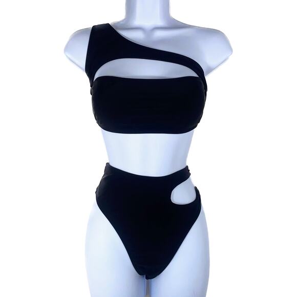 Medium Asymmetrical Cutout Black Bikini Swimsuit Set Padded Bandeau Shoulder - Picture 1 of 4